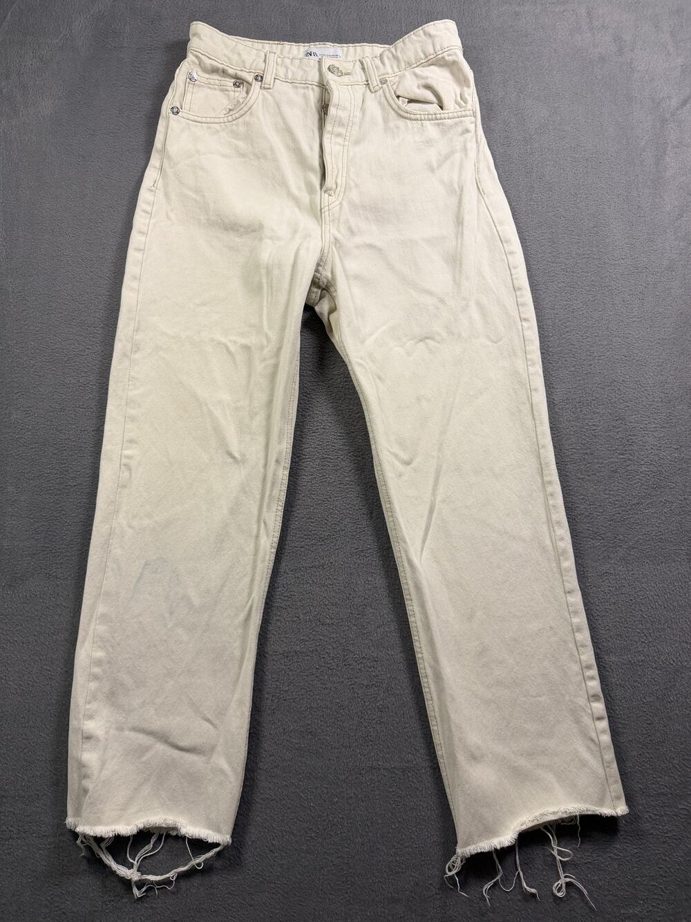 Zara Jeans Womens Size 6 Beige Off White High Waisted Wide Leg Raw Frayed Hem 6